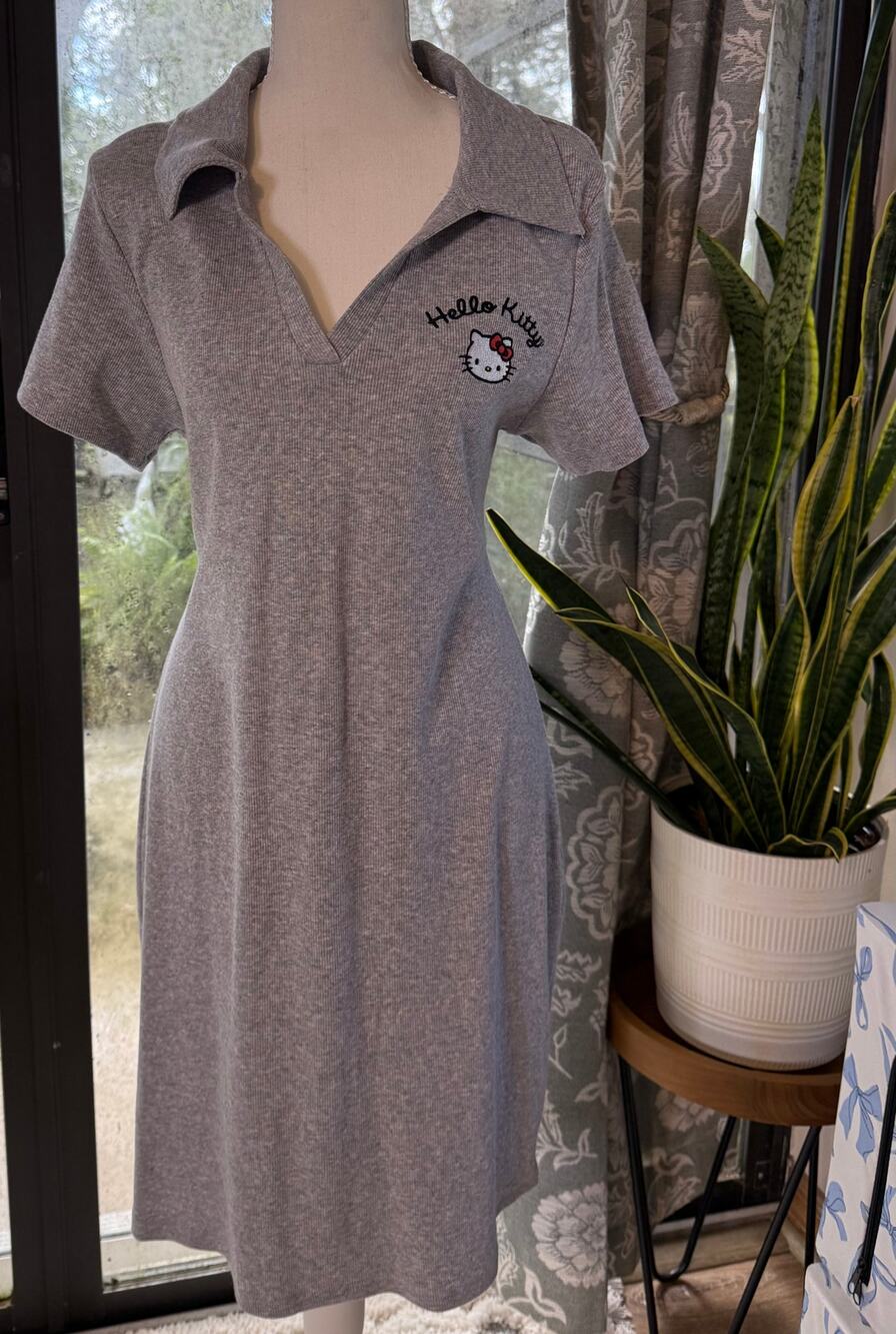 Hello Kitty Sanrio Grey Ribbed Polo Dress NWT XXL